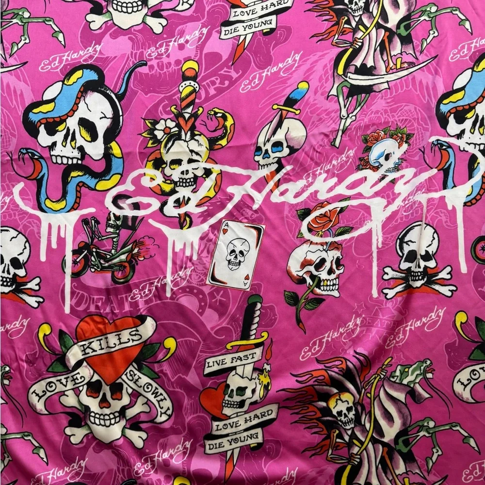 Ed Hardy Pink Skull Snake Tattoo Print Satin Scarf Wrap Y2K 43x43‎
